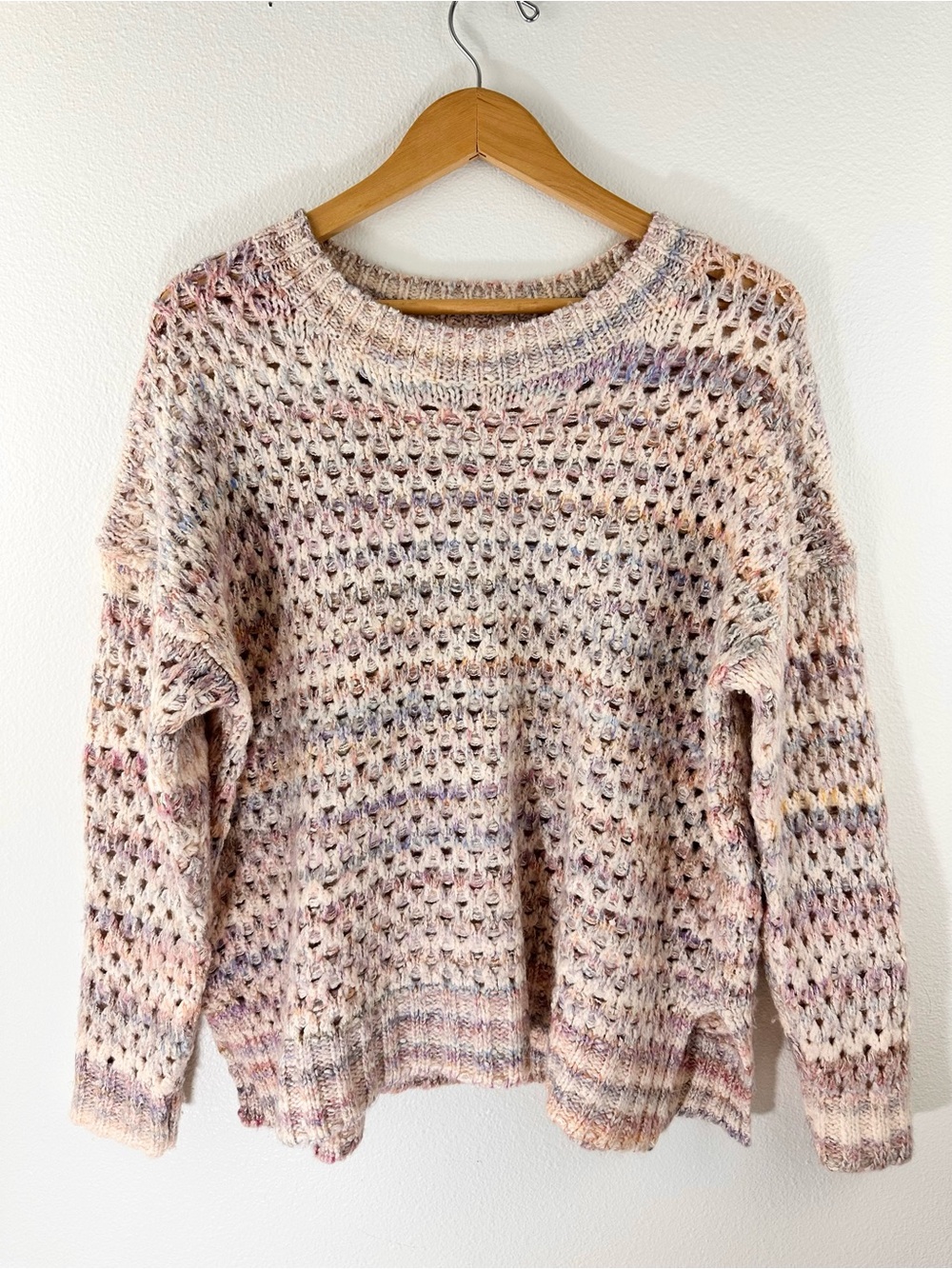 Anthropologie Open Knit Pastel Oversized Sweater Drop Shoulder Crewneck Pullover